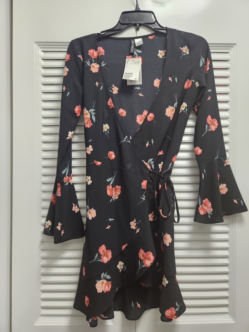 H&M Black Floral Wrap Dress with Pink Accents